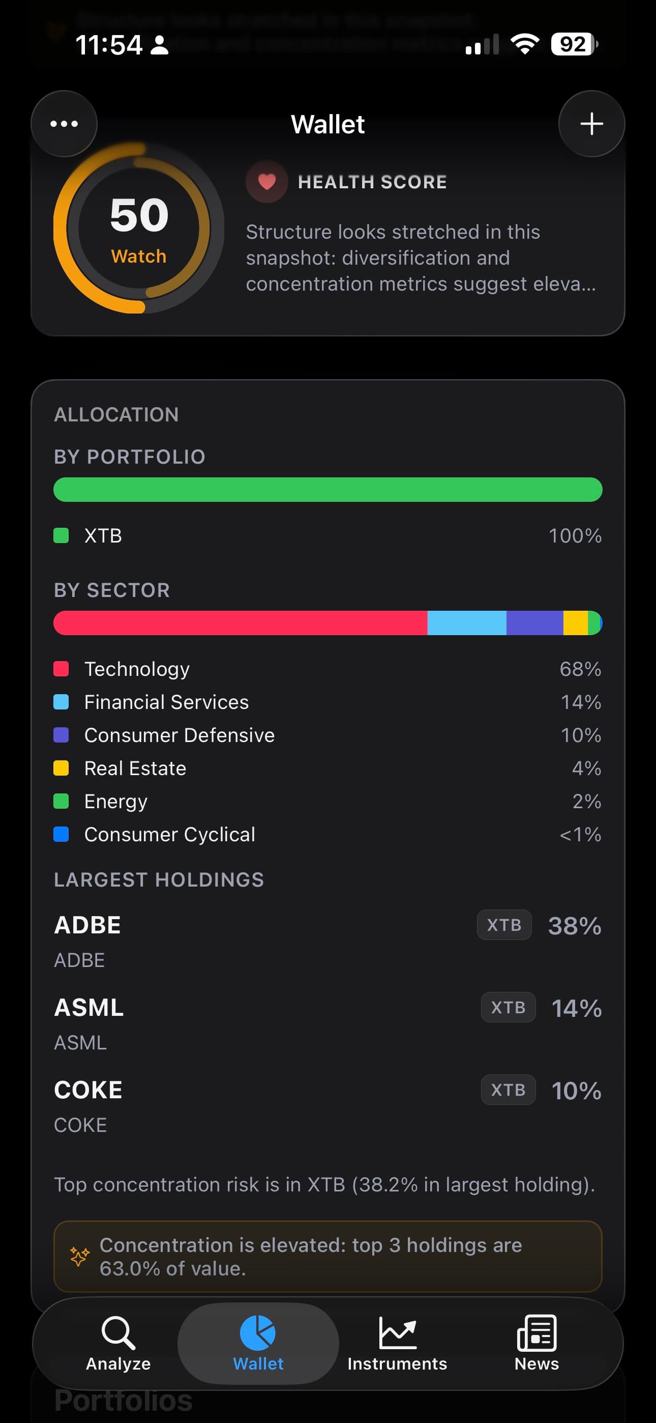 Portfolio view with health score and allocation.